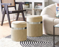 Set Di 2 Pouf Contenitori In Velluto Design Moderno Poggiapiedi,Sgabello Tondo con Coperchio Rimovibile e Seduta Imbottita Alta DensitÃ  Con Fascia In Metallo Contenitore Capiente Storage Box Panna