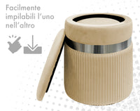 Set Di 2 Pouf Contenitori In Velluto Design Moderno Poggiapiedi,Sgabello Tondo con Coperchio Rimovibile e Seduta Imbottita Alta DensitÃ  Con Fascia In Metallo Contenitore Capiente Storage Box Panna