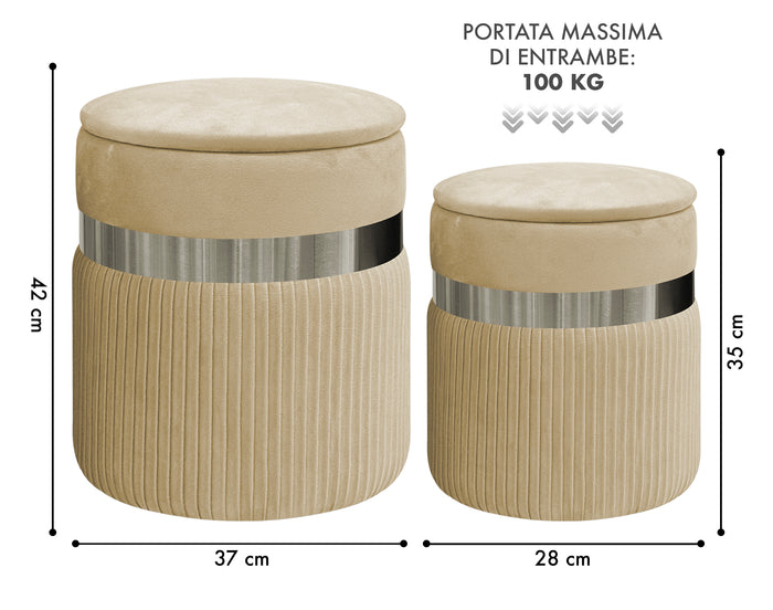 Set Di 2 Pouf Contenitori In Velluto Design Moderno Poggiapiedi,Sgabello Tondo con Coperchio Rimovibile e Seduta Imbottita Alta DensitÃ  Con Fascia In Metallo Contenitore Capiente Storage Box Panna