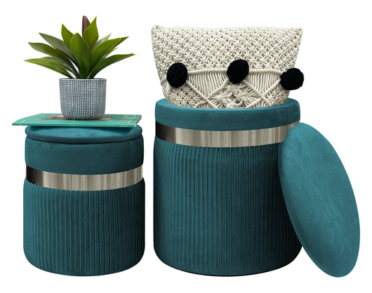 Set Di 2 Pouf Contenitori In Velluto Design Moderno Poggiapiedi,Sgabello Tondo con Coperchio Rimovibile e Seduta Imbottita Alta DensitÃ  Con Fascia In Metallo Contenitore Capiente Storage Box Petrolio
