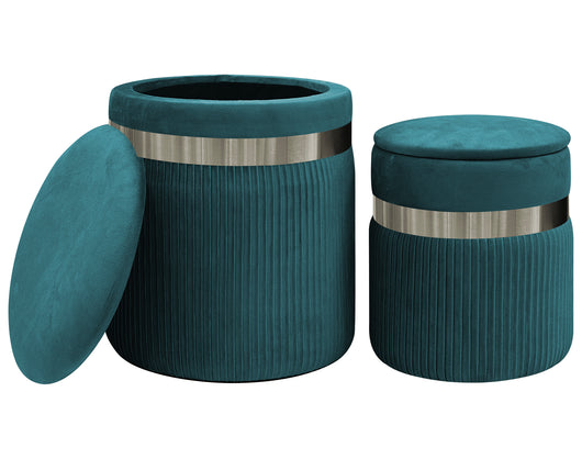 Set Di 2 Pouf Contenitori In Velluto Design Moderno Poggiapiedi,Sgabello Tondo con Coperchio Rimovibile e Seduta Imbottita Alta DensitÃ  Con Fascia In Metallo Contenitore Capiente Storage Box Petrolio