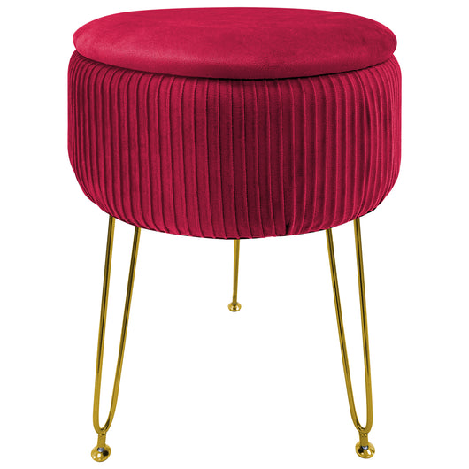 Pouf Rotondo In Velluto Con Contenitore Portaoggetti Sgabello Toeletta Trucco Tavolino Caffè Ripiano Legno Salotto Poggiapiedi Con Gambe Color Oro Bordeaux