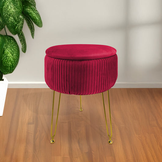 Pouf Rotondo In Velluto Con Contenitore Portaoggetti Sgabello Toeletta Trucco Tavolino Caffè Ripiano Legno Salotto Poggiapiedi Con Gambe Color Oro Bordeaux