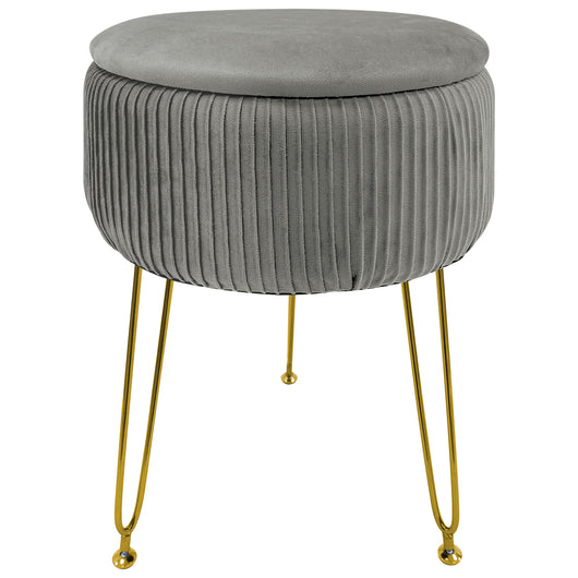 Pouf Rotondo In Velluto Con Contenitore Portaoggetti Sgabello Toeletta Trucco Tavolino Caffè Ripiano Legno Salotto Poggiapiedi Con Gambe Color Oro GrigioScuro