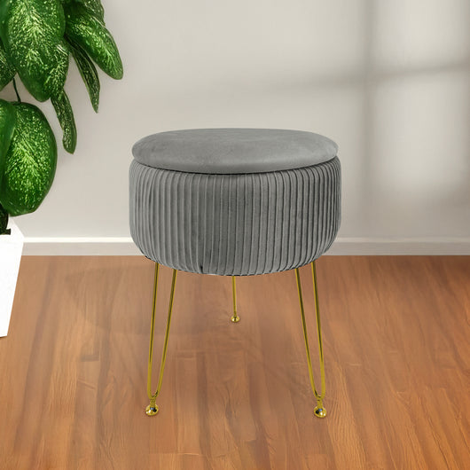 Pouf Rotondo In Velluto Con Contenitore Portaoggetti Sgabello Toeletta Trucco Tavolino Caffè Ripiano Legno Salotto Poggiapiedi Con Gambe Color Oro GrigioScuro