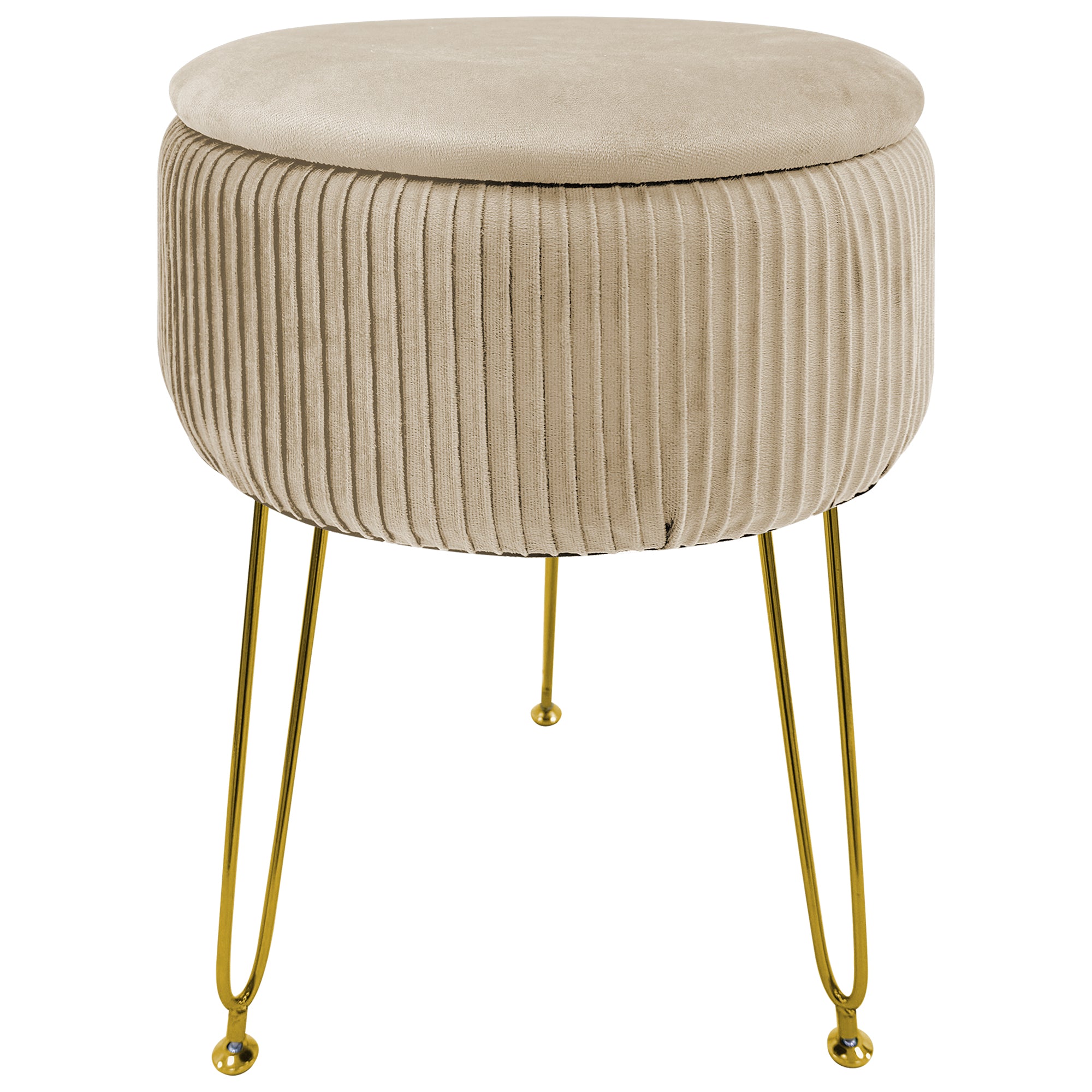 Pouf Rotondo In Velluto Con Contenitore Portaoggetti Sgabello Toeletta Trucco Tavolino Caffè Ripiano Legno Salotto Poggiapiedi Con Gambe Color Oro Panna