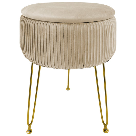 Pouf Rotondo In Velluto Con Contenitore Portaoggetti Sgabello Toeletta Trucco Tavolino Caffè Ripiano Legno Salotto Poggiapiedi Con Gambe Color Oro Panna