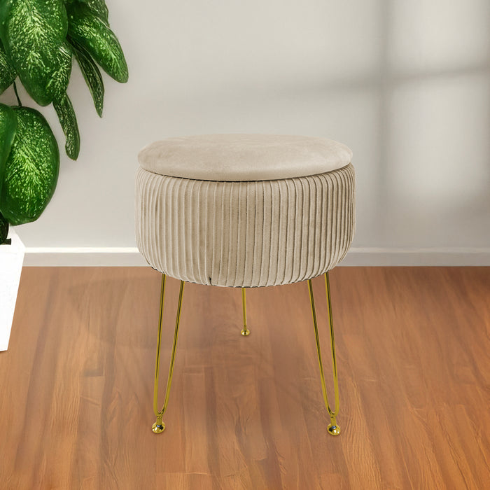 Pouf Rotondo In Velluto Con Contenitore Portaoggetti Sgabello Toeletta Trucco Tavolino Caffè Ripiano Legno Salotto Poggiapiedi Con Gambe Color Oro Panna