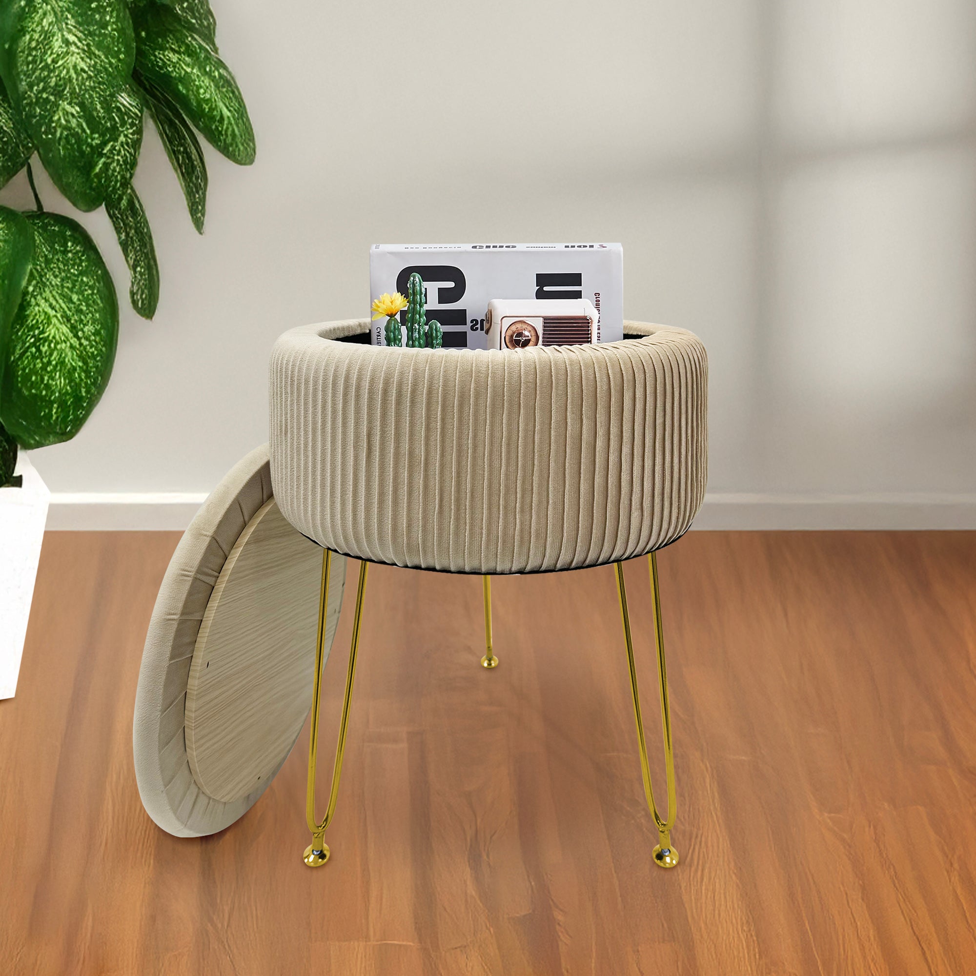 Pouf Rotondo In Velluto Con Contenitore Portaoggetti Sgabello Toeletta Trucco Tavolino Caffè Ripiano Legno Salotto Poggiapiedi Con Gambe Color Oro Panna