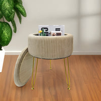 Pouf Rotondo In Velluto Con Contenitore Portaoggetti Sgabello Toeletta Trucco Tavolino Caffè Ripiano Legno Salotto Poggiapiedi Con Gambe Color Oro Panna