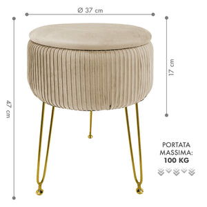 Pouf Rotondo In Velluto Con Contenitore Portaoggetti Sgabello Toeletta Trucco Tavolino Caffè Ripiano Legno Salotto Poggiapiedi Con Gambe Color Oro Panna