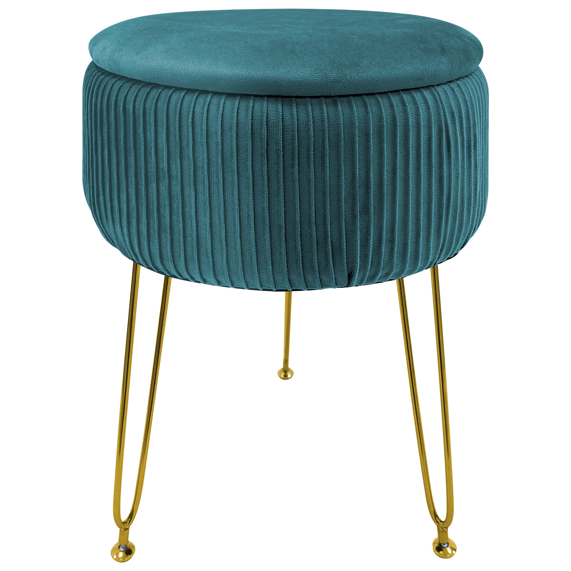 Pouf Rotondo In Velluto Con Contenitore Portaoggetti Sgabello Toeletta Trucco Tavolino Caffè Ripiano Legno Salotto Poggiapiedi Con Gambe Color Oro Petrolio
