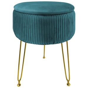 Pouf Rotondo In Velluto Con Contenitore Portaoggetti Sgabello Toeletta Trucco Tavolino Caffè Ripiano Legno Salotto Poggiapiedi Con Gambe Color Oro Petrolio