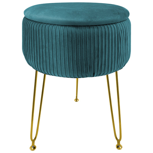 Pouf Rotondo In Velluto Con Contenitore Portaoggetti Sgabello Toeletta Trucco Tavolino Caffè Ripiano Legno Salotto Poggiapiedi Con Gambe Color Oro Petrolio
