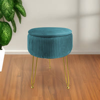 Pouf Rotondo In Velluto Con Contenitore Portaoggetti Sgabello Toeletta Trucco Tavolino Caffè Ripiano Legno Salotto Poggiapiedi Con Gambe Color Oro Petrolio