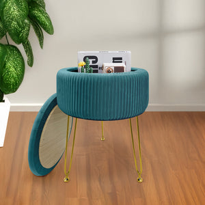 Pouf Rotondo In Velluto Con Contenitore Portaoggetti Sgabello Toeletta Trucco Tavolino Caffè Ripiano Legno Salotto Poggiapiedi Con Gambe Color Oro Petrolio