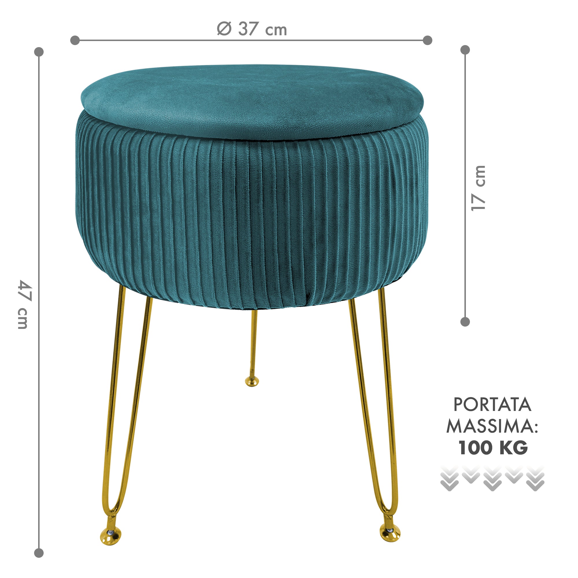 Pouf Rotondo In Velluto Con Contenitore Portaoggetti Sgabello Toeletta Trucco Tavolino Caffè Ripiano Legno Salotto Poggiapiedi Con Gambe Color Oro Petrolio