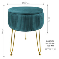 Pouf Rotondo In Velluto Con Contenitore Portaoggetti Sgabello Toeletta Trucco Tavolino Caffè Ripiano Legno Salotto Poggiapiedi Con Gambe Color Oro Petrolio