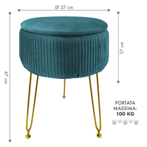 Pouf Rotondo In Velluto Con Contenitore Portaoggetti Sgabello Toeletta Trucco Tavolino Caffè Ripiano Legno Salotto Poggiapiedi Con Gambe Color Oro Petrolio