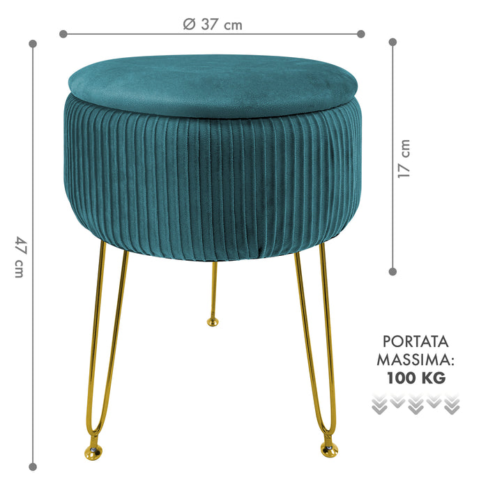 Pouf Rotondo In Velluto Con Contenitore Portaoggetti Sgabello Toeletta Trucco Tavolino Caffè Ripiano Legno Salotto Poggiapiedi Con Gambe Color Oro Petrolio