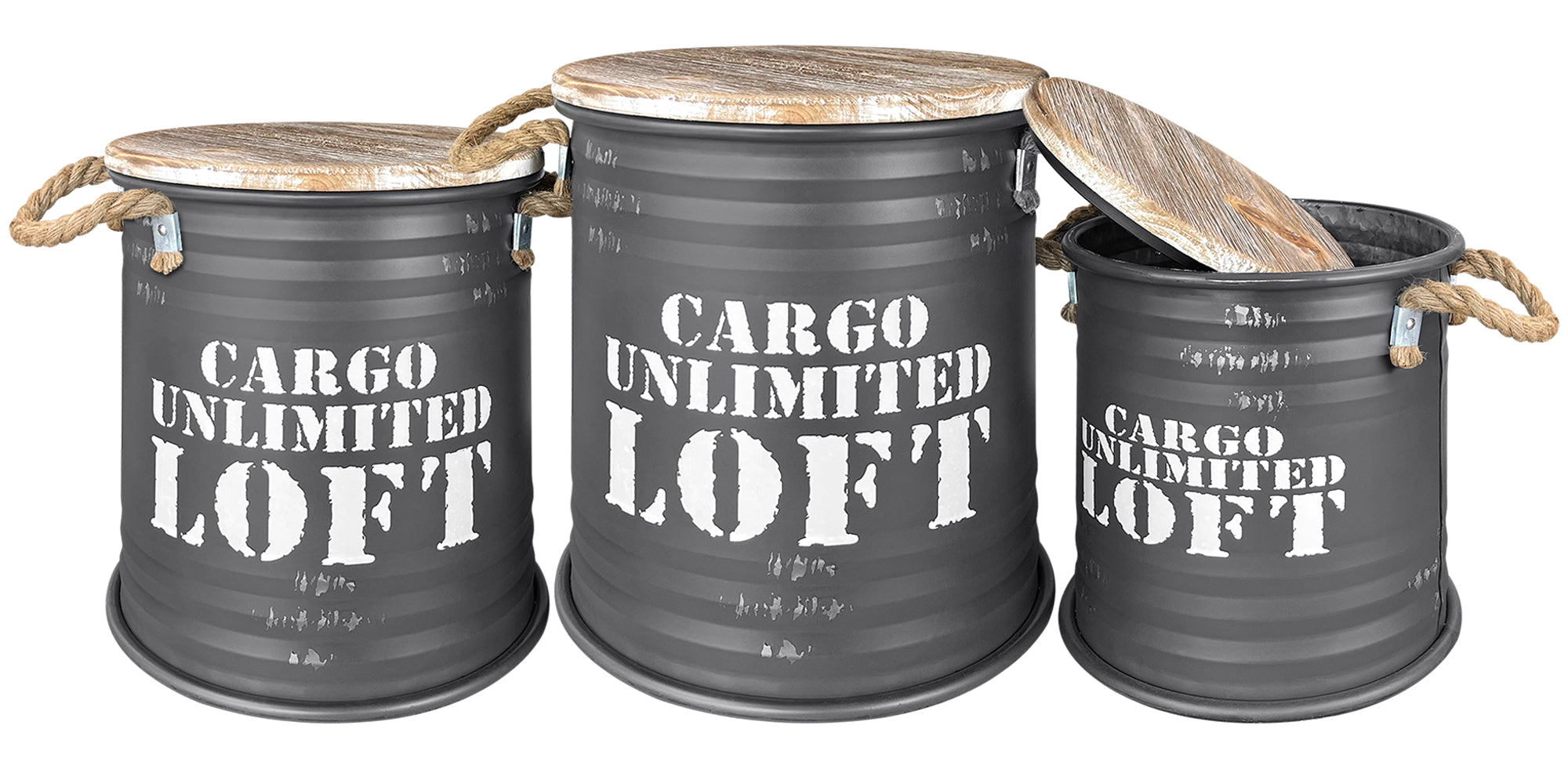 Set 3 Pouf Contenitori In Acciaio SgabellO Tavolino Caffè Salotto Design Moderno Cargo Unlimited Impilabili Salvaspazio Arredo Soggiorno Camera Coperchio Legno Vintage  Antracite