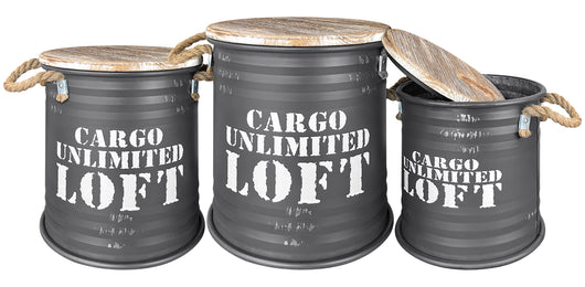 Set 3 Pouf Contenitori In Acciaio SgabellO Tavolino Caffè Salotto Design Moderno Cargo Unlimited Impilabili Salvaspazio Arredo Soggiorno Camera Coperchio Legno Vintage  Antracite