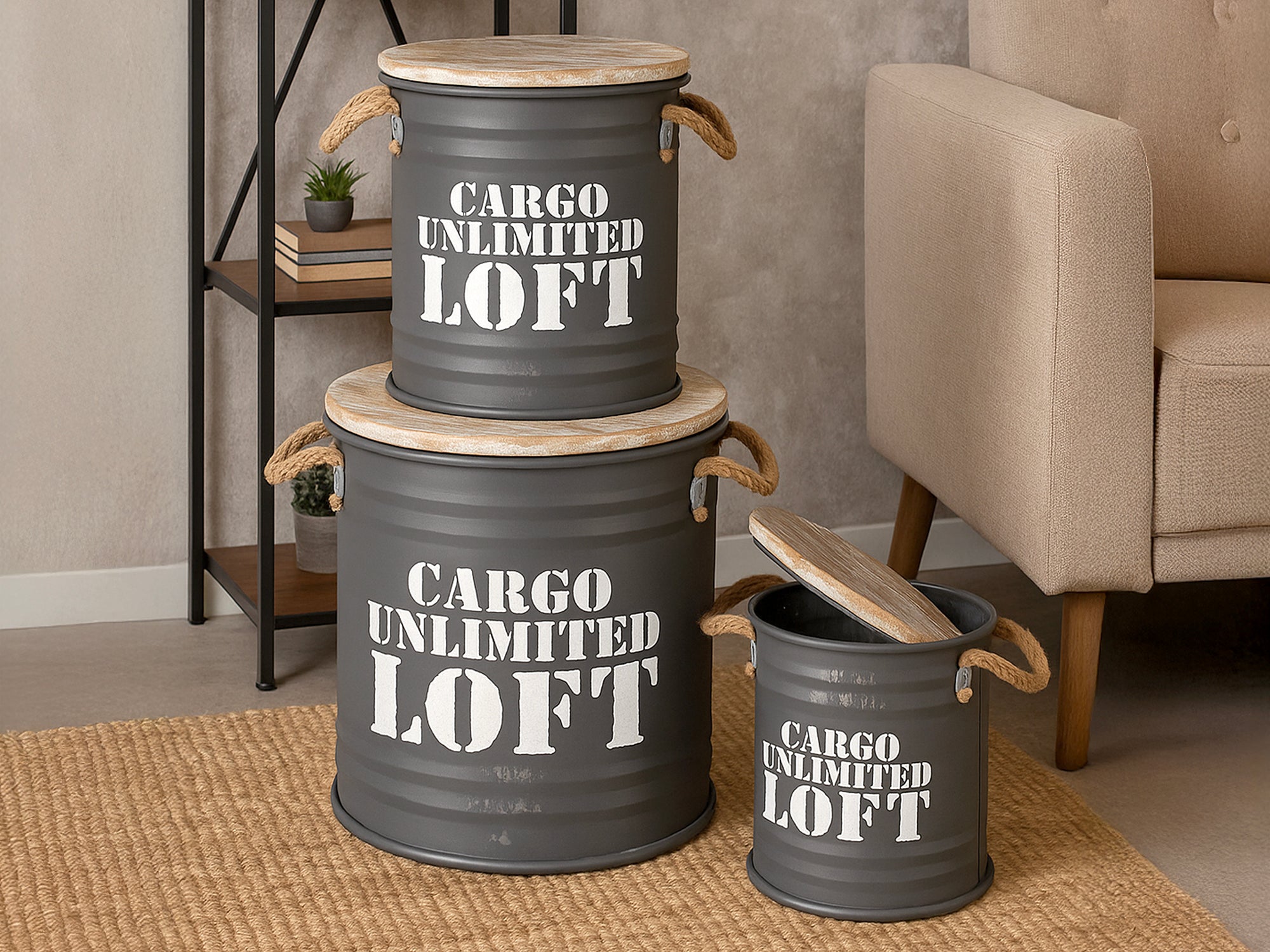 Set 3 Pouf Contenitori In Acciaio SgabellO Tavolino Caffè Salotto Design Moderno Cargo Unlimited Impilabili Salvaspazio Arredo Soggiorno Camera Coperchio Legno Vintage  Antracite