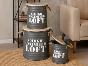 Set 3 Pouf Contenitori In Acciaio SgabellO Tavolino Caffè Salotto Design Moderno Cargo Unlimited Impilabili Salvaspazio Arredo Soggiorno Camera Coperchio Legno Vintage  Antracite