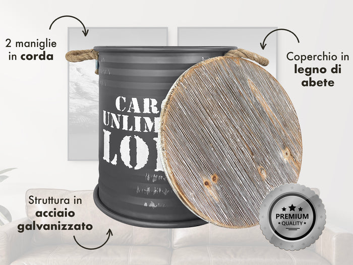 Set 3 Pouf Contenitori In Acciaio SgabellO Tavolino Caffè Salotto Design Moderno Cargo Unlimited Impilabili Salvaspazio Arredo Soggiorno Camera Coperchio Legno Vintage  Antracite