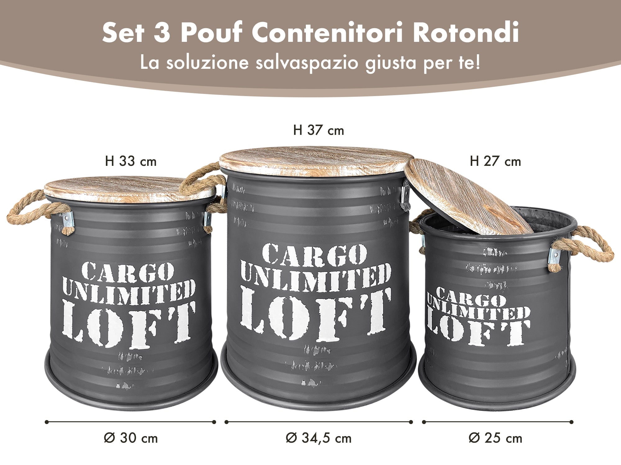 Set 3 Pouf Contenitori In Acciaio SgabellO Tavolino Caffè Salotto Design Moderno Cargo Unlimited Impilabili Salvaspazio Arredo Soggiorno Camera Coperchio Legno Vintage  Antracite