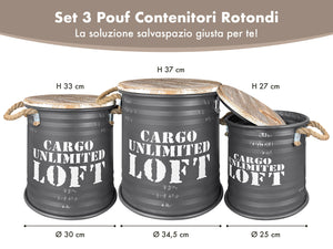 Set 3 Pouf Contenitori In Acciaio SgabellO Tavolino Caffè Salotto Design Moderno Cargo Unlimited Impilabili Salvaspazio Arredo Soggiorno Camera Coperchio Legno Vintage  Antracite