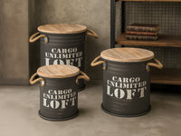 Set 3 Pouf Contenitori In Acciaio SgabellO Tavolino Caffè Salotto Design Moderno Cargo Unlimited Impilabili Salvaspazio Arredo Soggiorno Camera Coperchio Legno Vintage  Antracite