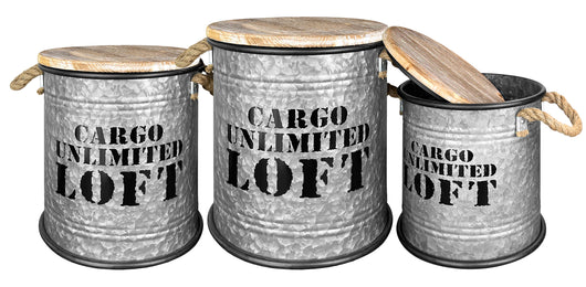 Set 3 Pouf Contenitori In Acciaio SgabellO Tavolino Caffè Salotto Design Moderno Cargo Unlimited Impilabili Salvaspazio Arredo Soggiorno Camera Coperchio Legno Vintage  Naturale