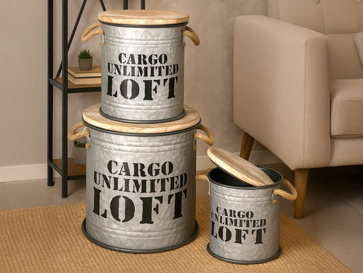 Set 3 Pouf Contenitori In Acciaio SgabellO Tavolino Caffè Salotto Design Moderno Cargo Unlimited Impilabili Salvaspazio Arredo Soggiorno Camera Coperchio Legno Vintage  Naturale