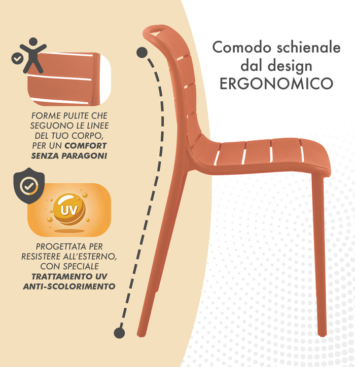 Set 4 Sedie In Polipropilene e Fibra Di Vetro Sedia Cucina Trattamento Uv Antiscolorimento Giardino Interno Esterno Moderne Robuste Resistenti Seduta Terrazzo Soggiorno Bar Ristorante Impilabili Iris-Arancio