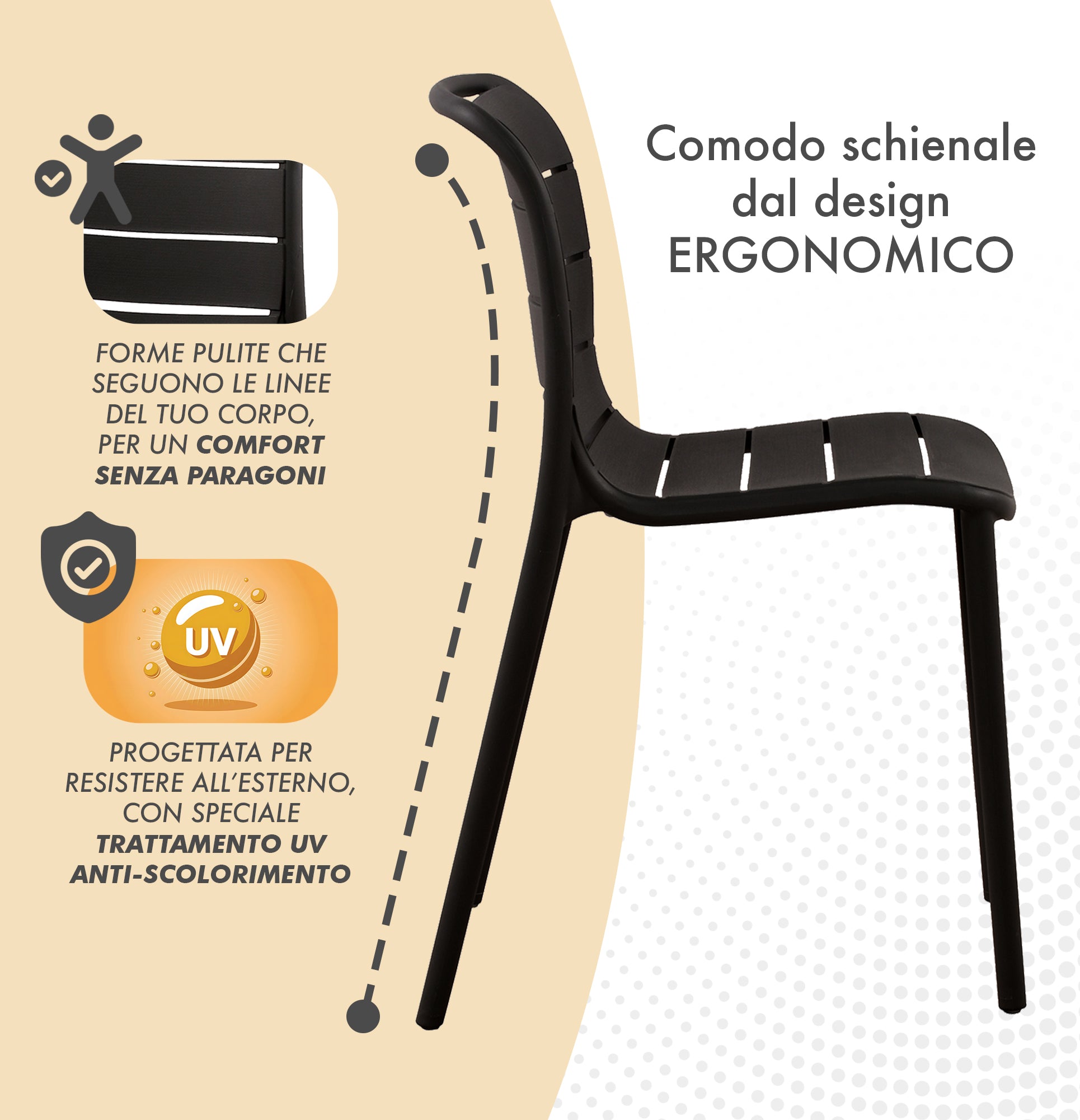 Set 4 Sedie In Polipropilene e Fibra Di Vetro Sedia Cucina Trattamento Uv Antiscolorimento Giardino Interno Esterno Moderne Robuste Resistenti Seduta Terrazzo Soggiorno Bar Ristorante Impilabili Iris-Nero