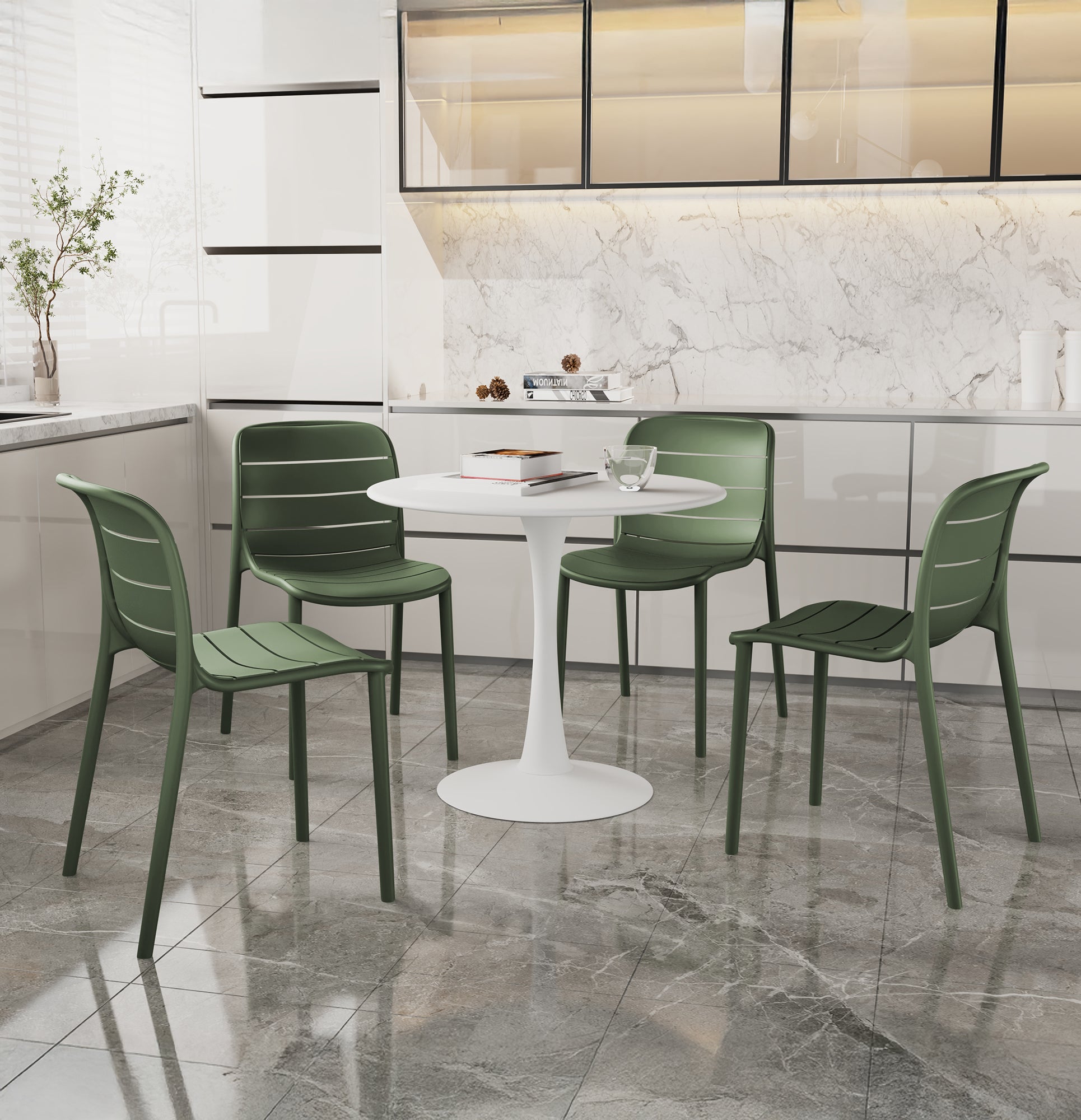 Set 4 Sedie In Polipropilene e Fibra Di Vetro Sedia Cucina Trattamento Uv Antiscolorimento Giardino Interno Esterno Moderne Robuste Resistenti Seduta Terrazzo Soggiorno Bar Ristorante Impilabili Iris-Verde