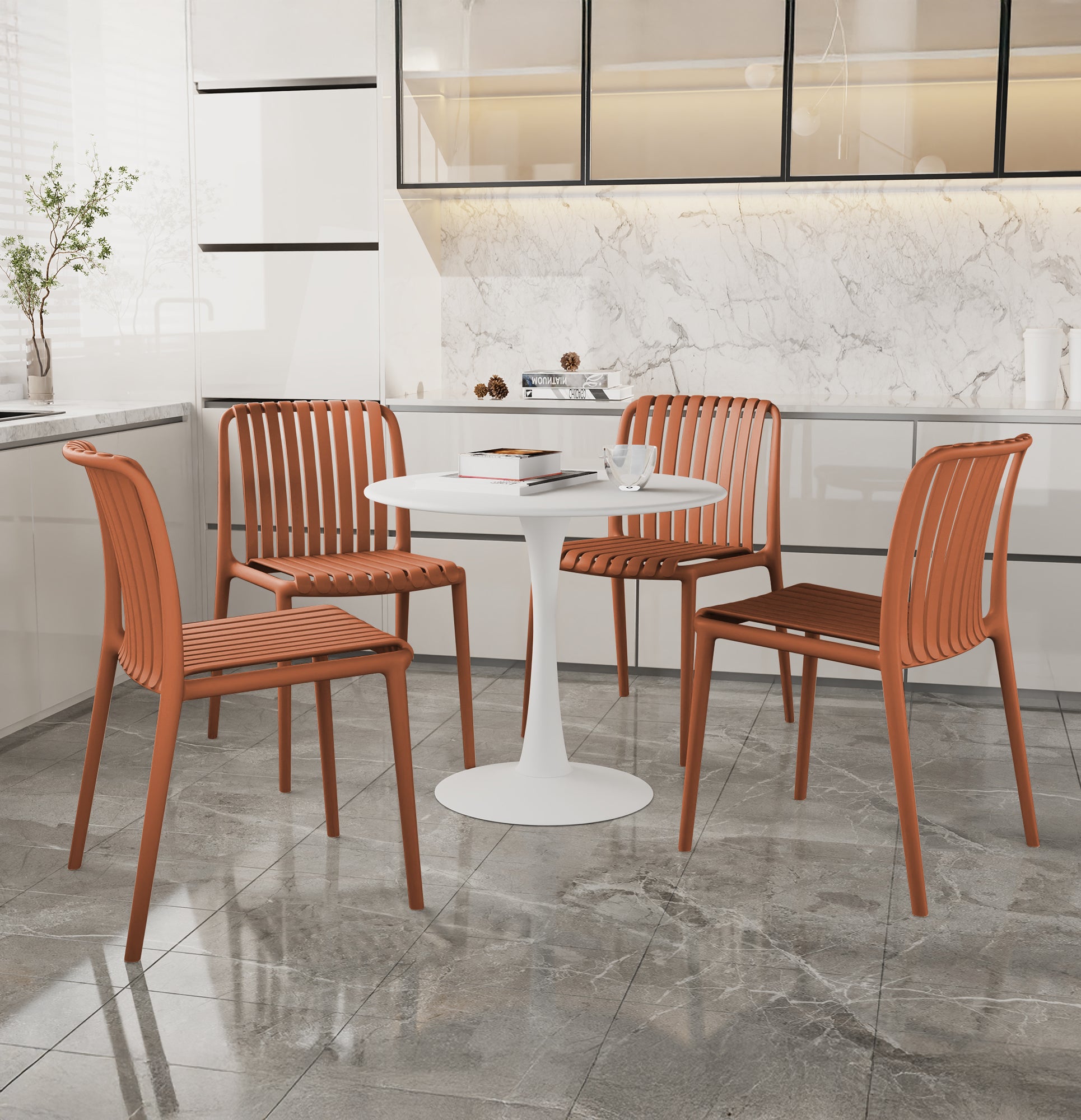 Set 4 Sedie In Polipropilene e Fibra Di Vetro Sedia Cucina Trattamento Uv Antiscolorimento Giardino Interno Esterno Moderne Robuste Resistenti Seduta Terrazzo Soggiorno Bar Ristorante Impilabili Maya-Arancio
