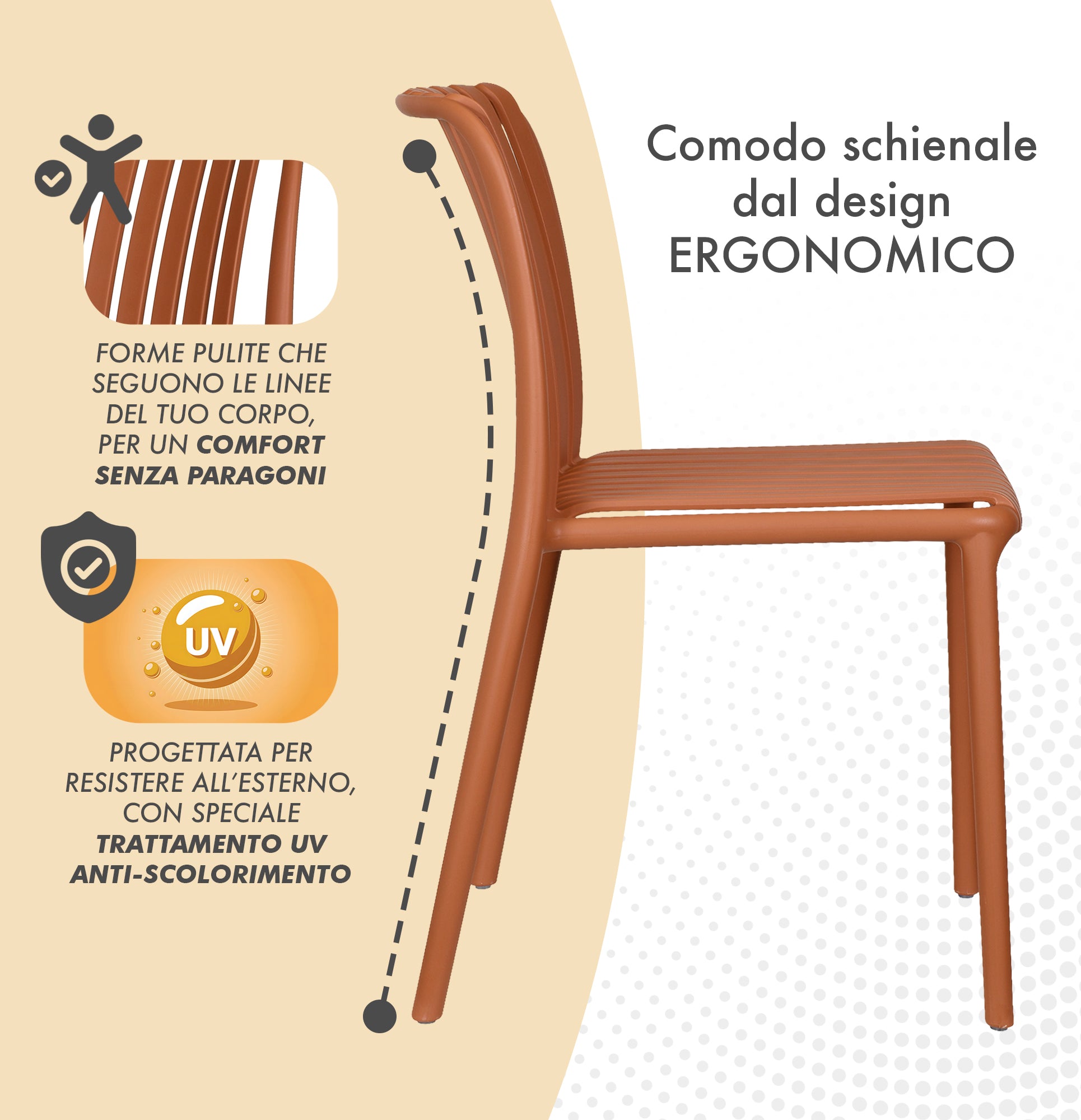 Set 4 Sedie In Polipropilene e Fibra Di Vetro Sedia Cucina Trattamento Uv Antiscolorimento Giardino Interno Esterno Moderne Robuste Resistenti Seduta Terrazzo Soggiorno Bar Ristorante Impilabili Maya-Arancio