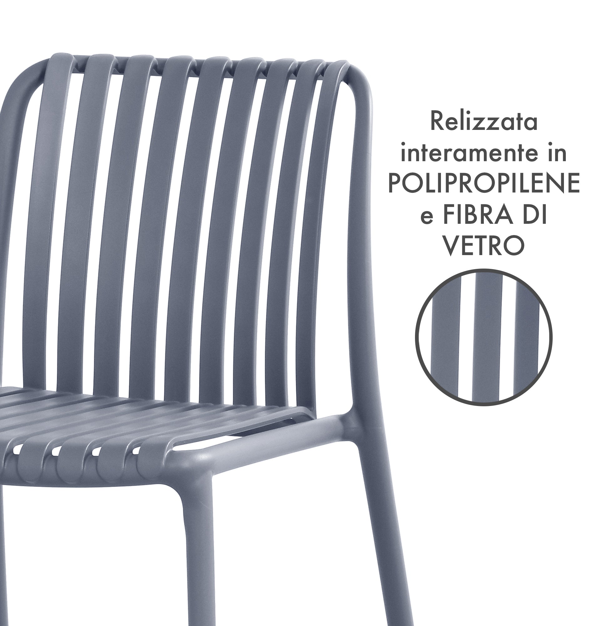 Set 4 Sedie In Polipropilene e Fibra Di Vetro Sedia Cucina Trattamento Uv Antiscolorimento Giardino Interno Esterno Moderne Robuste Resistenti Seduta Terrazzo Soggiorno Bar Ristorante Impilabili Maya-Grigio
