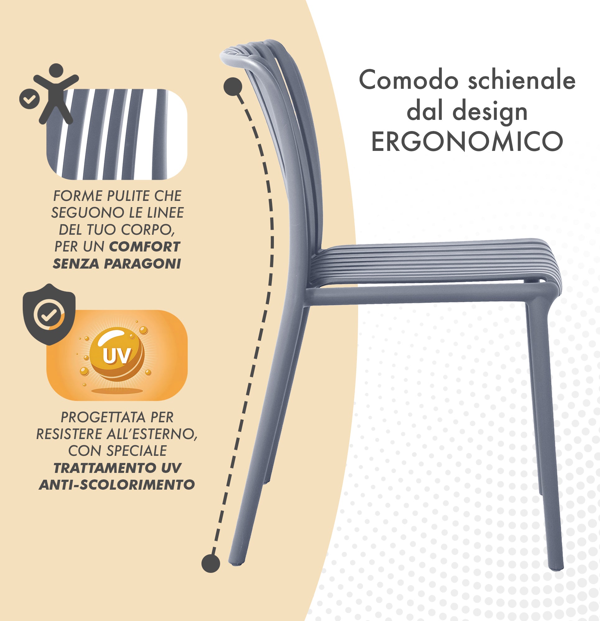 Set 4 Sedie In Polipropilene e Fibra Di Vetro Sedia Cucina Trattamento Uv Antiscolorimento Giardino Interno Esterno Moderne Robuste Resistenti Seduta Terrazzo Soggiorno Bar Ristorante Impilabili Maya-Grigio