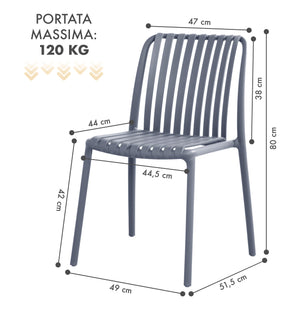 Set 4 Sedie In Polipropilene e Fibra Di Vetro Sedia Cucina Trattamento Uv Antiscolorimento Giardino Interno Esterno Moderne Robuste Resistenti Seduta Terrazzo Soggiorno Bar Ristorante Impilabili Maya-Grigio