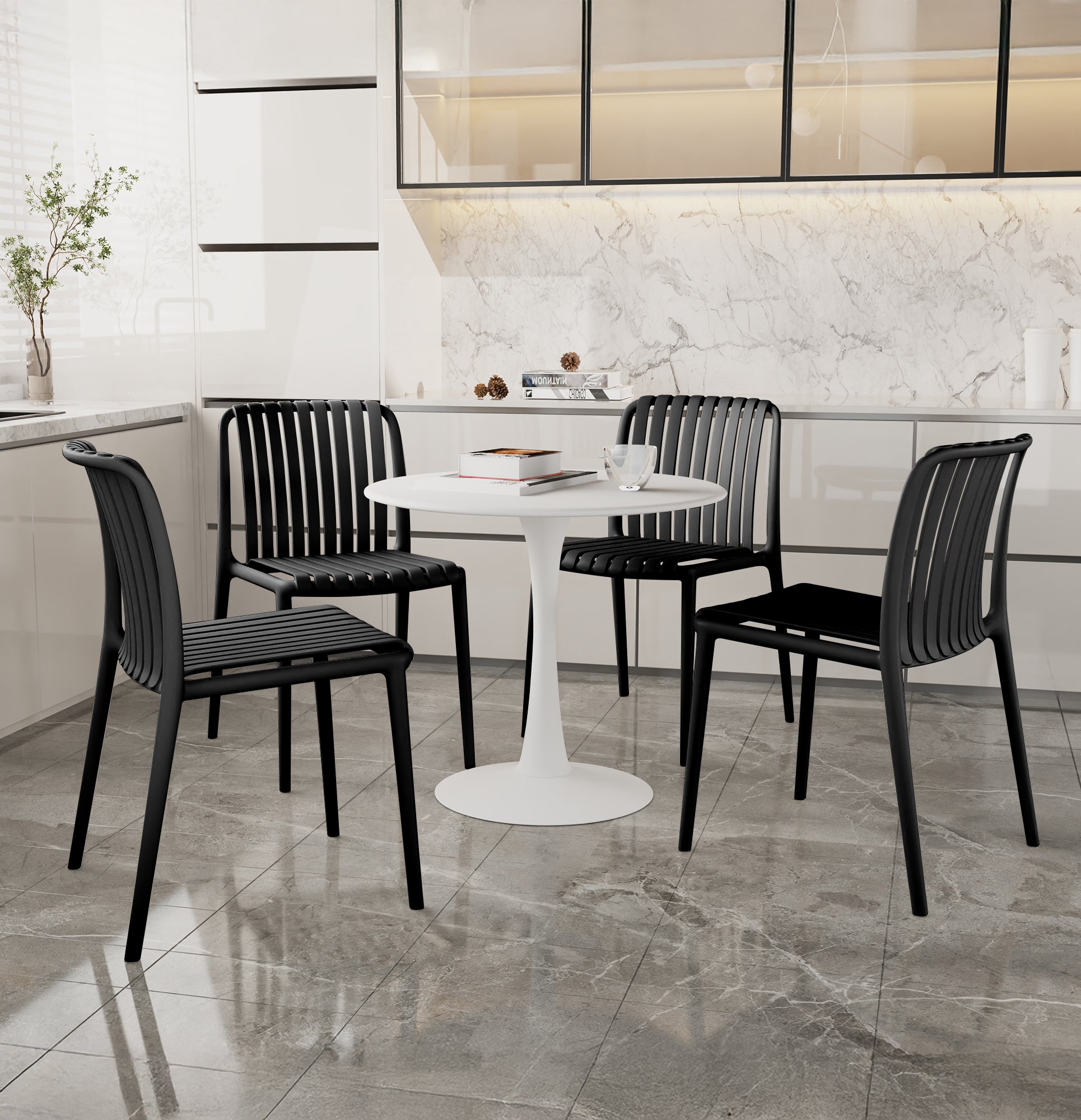 Set 4 Sedie In Polipropilene e Fibra Di Vetro Sedia Cucina Trattamento Uv Antiscolorimento Giardino Interno Esterno Moderne Robuste Resistenti Seduta Terrazzo Soggiorno Bar Ristorante Impilabili Maya-Nero