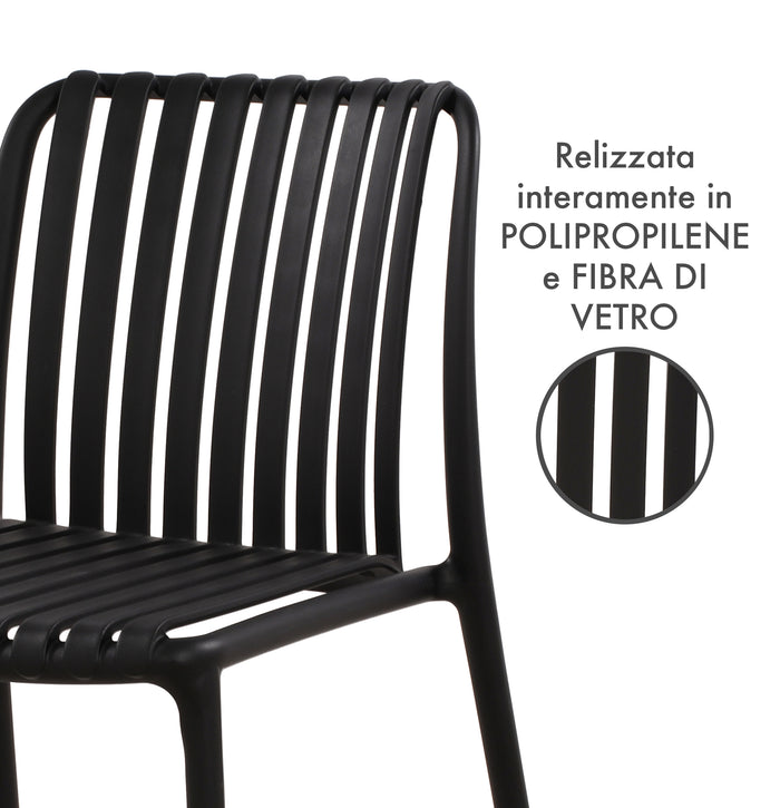Set 4 Sedie In Polipropilene e Fibra Di Vetro Sedia Cucina Trattamento Uv Antiscolorimento Giardino Interno Esterno Moderne Robuste Resistenti Seduta Terrazzo Soggiorno Bar Ristorante Impilabili Maya-Nero