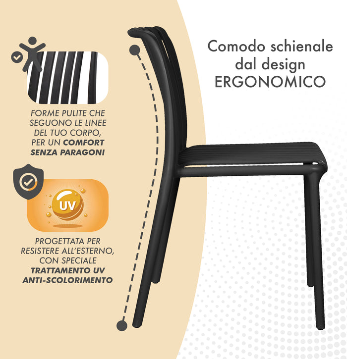 Set 4 Sedie In Polipropilene e Fibra Di Vetro Sedia Cucina Trattamento Uv Antiscolorimento Giardino Interno Esterno Moderne Robuste Resistenti Seduta Terrazzo Soggiorno Bar Ristorante Impilabili Maya-Nero