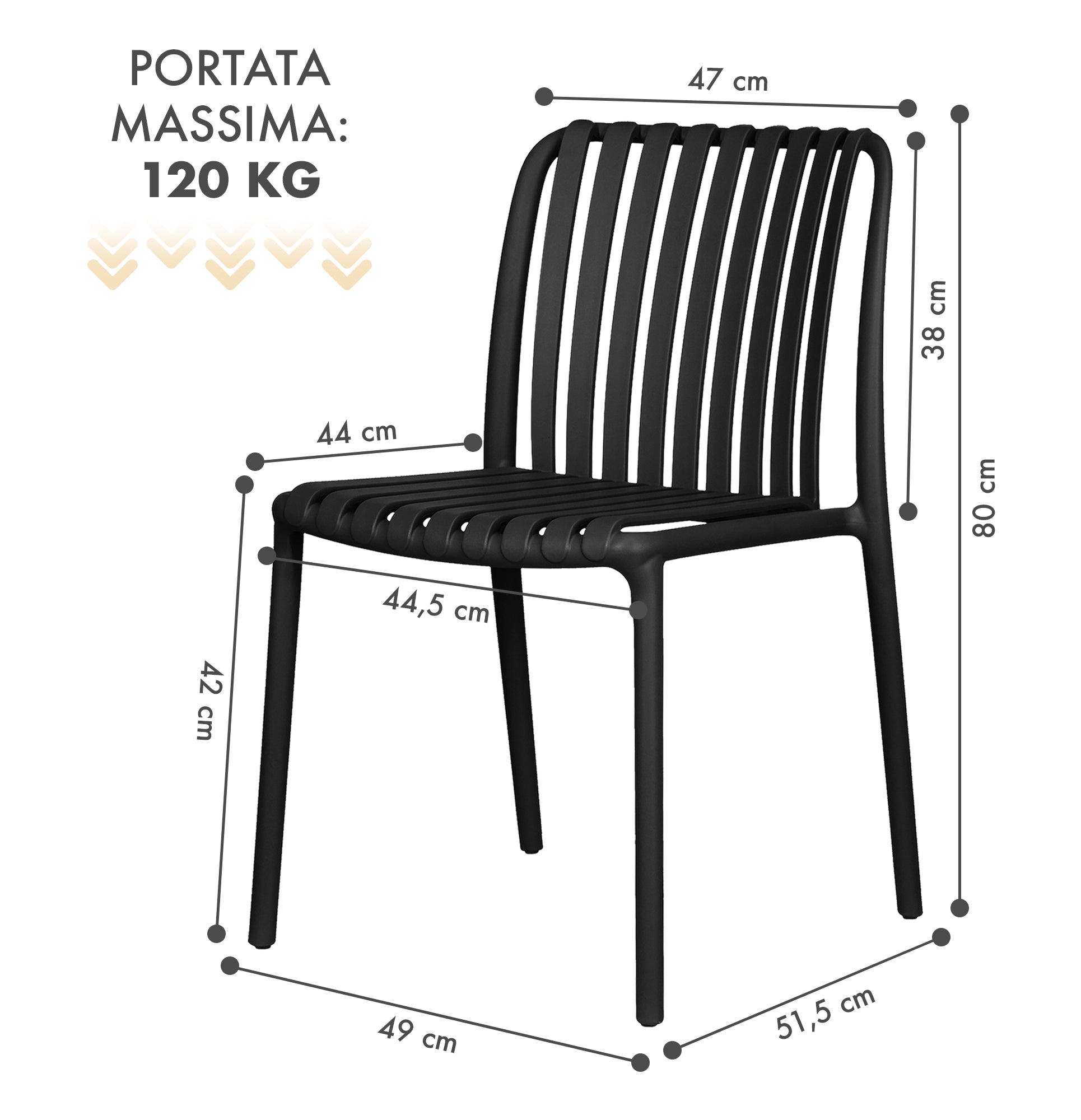 Set 4 Sedie In Polipropilene e Fibra Di Vetro Sedia Cucina Trattamento Uv Antiscolorimento Giardino Interno Esterno Moderne Robuste Resistenti Seduta Terrazzo Soggiorno Bar Ristorante Impilabili Maya-Nero