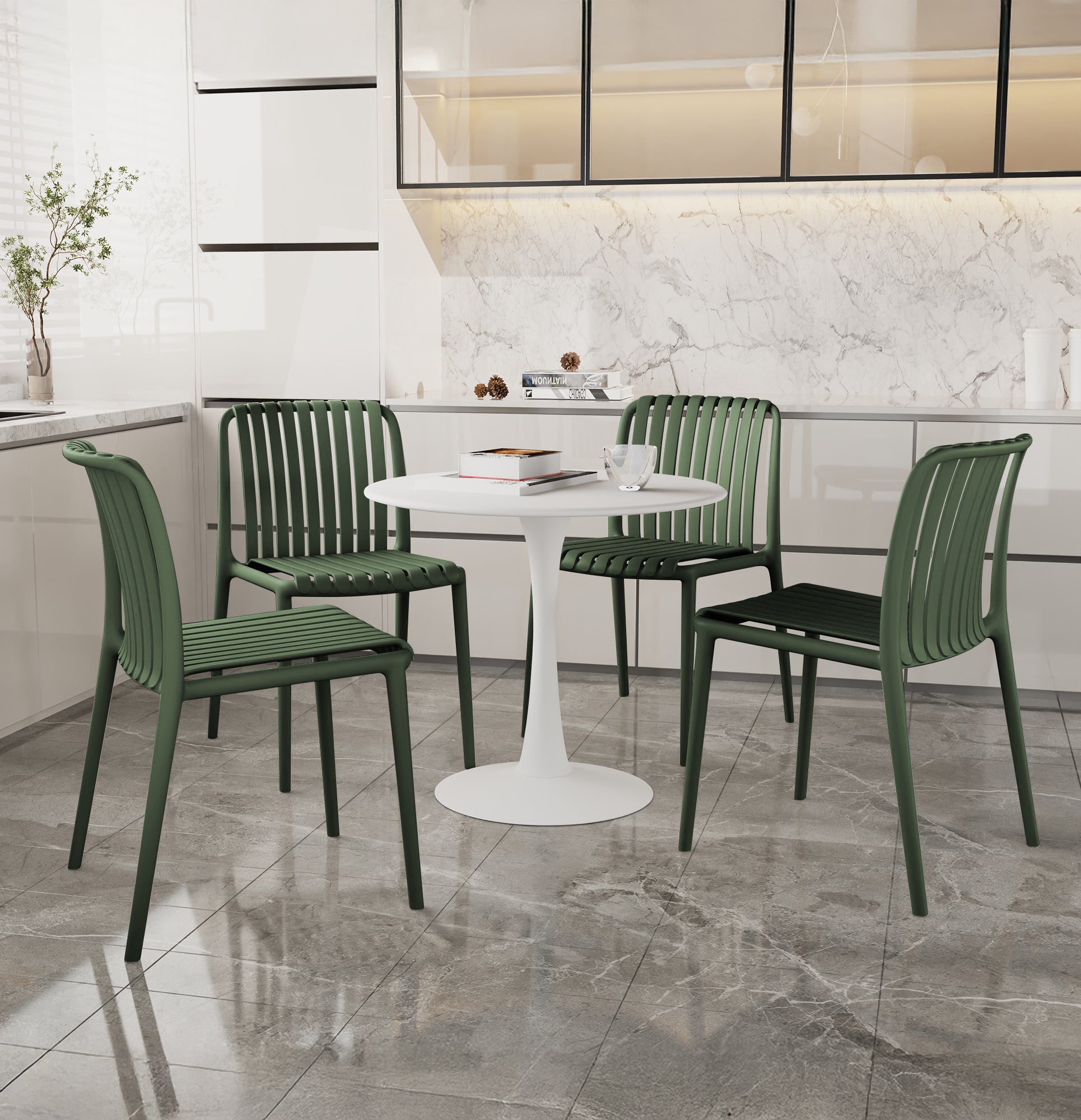 Set 4 Sedie In Polipropilene e Fibra Di Vetro Sedia Cucina Trattamento Uv Antiscolorimento Giardino Interno Esterno Moderne Robuste Resistenti Seduta Terrazzo Soggiorno Bar Ristorante Impilabili Maya-Verde