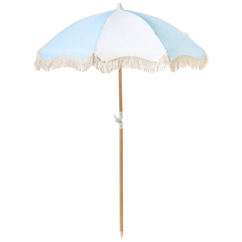 Ombrellone giardino tessuto azzurro e bianco palo in legno faggio 150 cm Ombrellone esterno rotondo giardino retrò inclinabile resistente ai raggi UV