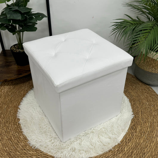 Pouf Poggiapiedi In Ecopelle 2 In 1 Contenitore 38x38Cm Quadrato Salotto Sgabello Camera Soggiorno Portaoggetti Design Moderno Complemento D'arredo Portaoggetti Panca Ingresso  Bianco