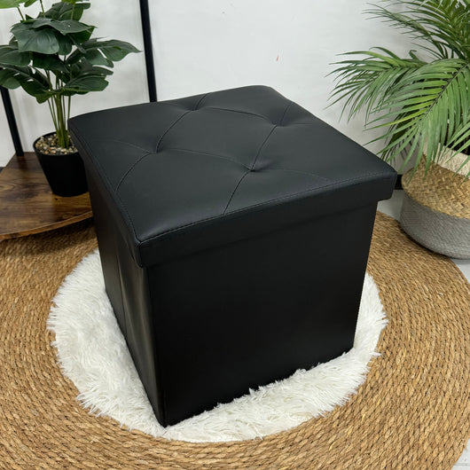Pouf Poggiapiedi In Ecopelle 2 In 1 Contenitore 38x38Cm Quadrato Salotto Sgabello Camera Soggiorno Portaoggetti Design Moderno Complemento D'arredo Portaoggetti Panca Ingresso  Nero